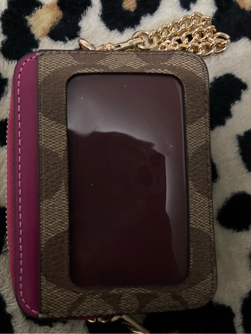Coach Brown Monogram Card Case with Magenta Trim and Gold Chain - Picture 4 of 9